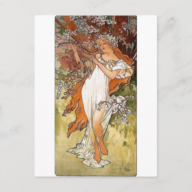 Postal Mucha dama rubia primavera bonito de vestir blanco (Anverso)