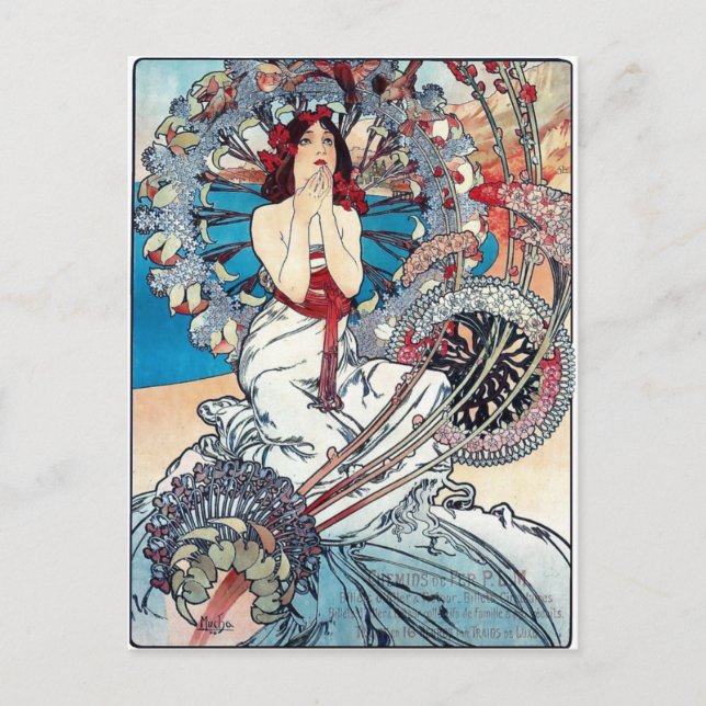 Postal Mucha Mónaco Monte carlo arte deco poster dama (Anverso)