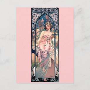 Postal Mucha mujer vestido rosa romántico arte deco dama
