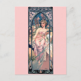 Postal Mucha mujer vestido rosa romántico arte deco dama