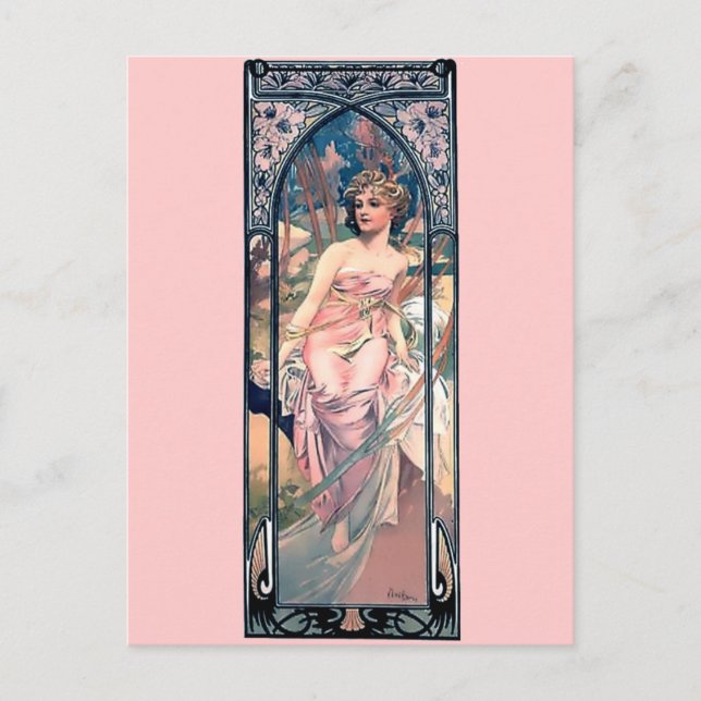 Postal Mucha mujer vestido rosa romántico arte deco dama (Anverso)