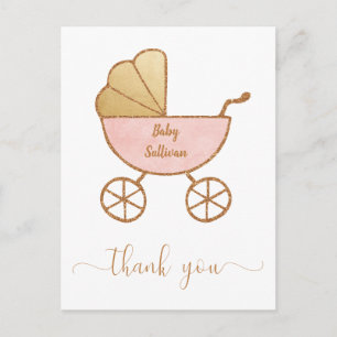 Postal Muchacha Bebé Ducha Carrito Retro Rosa Gracias