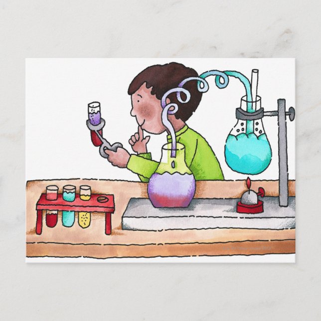 Postal Muchacho que hace el experimento de la ciencia (Anverso)