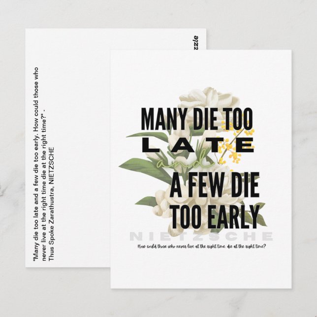 Postal Muchos mueren demasiado tarde y unos pocos demasia (Anverso / Reverso)