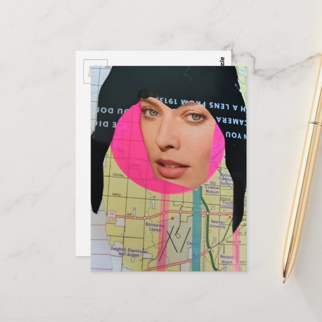 Postal Mujer abstracta con collage de cabello negro (Anverso/Reverso In Situ)