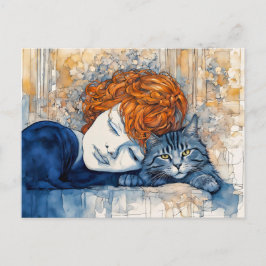 Postal Mujer acuarela durmiendo con gato