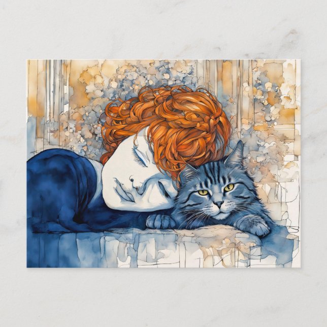 Postal Mujer acuarela durmiendo con gato (Anverso)