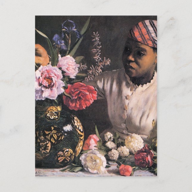 Postal Mujer africana plantando flores en una bolsa (Anverso)