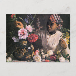 Postal Mujer africana plantando flores en una bolsa