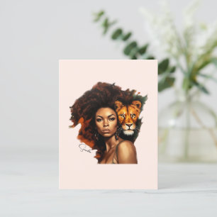 Postal Mujer afroamericana con león majestuoso