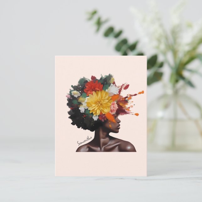 Postal Mujer afroamericana con pelo afro floral (2) (Anverso de pie)