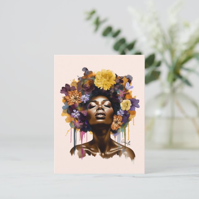 Postal Mujer afroamericana con pelo afro floral (3) (Anverso de pie)