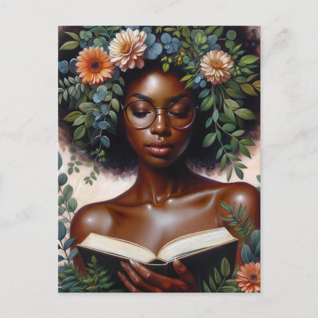 Postal Mujer afrobótica leyendo un libro (Anverso)