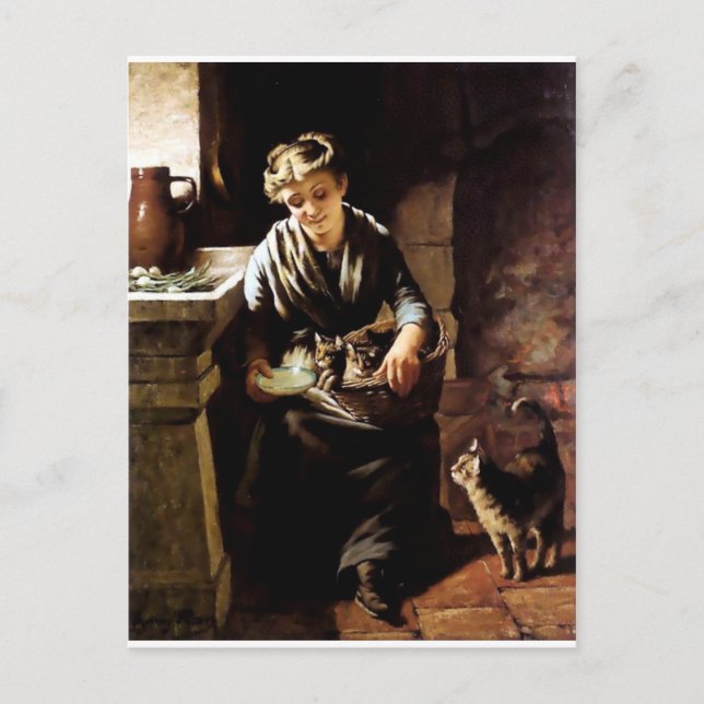Postal Mujer alimentando gatos pintura de antigüedades (Anverso)