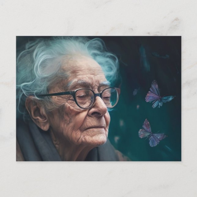 Postal Mujer Anciana Con Mariposas (Anverso)