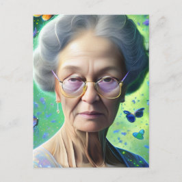 Postal Mujer anciana con mariposas