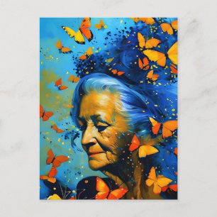 Postal Mujer Anciana Con Mariposas