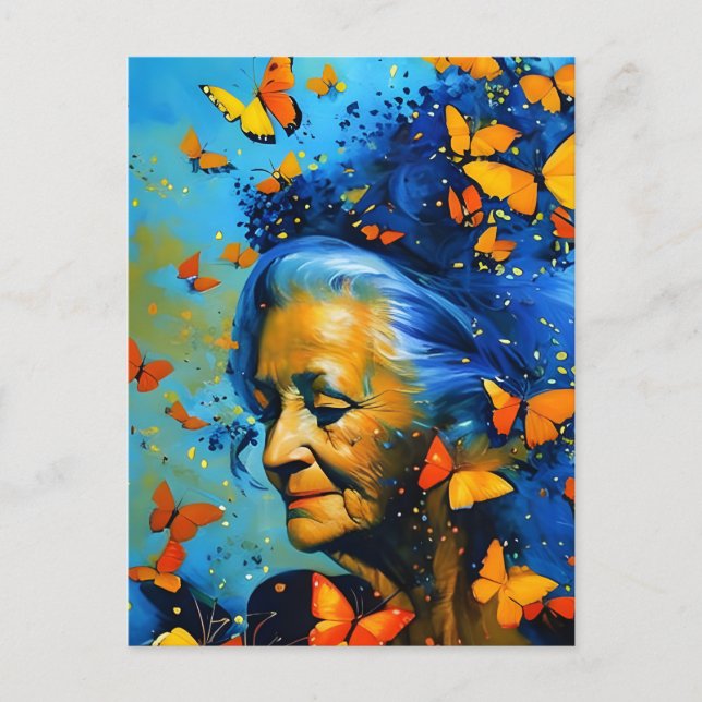 Postal Mujer Anciana Con Mariposas (Anverso)