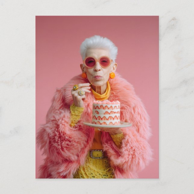 Postal Mujer anciana elegante comiendo pastel con moda ro (Anverso)