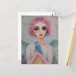 Postal Mujer ángel con pelo rosado y pájaro azul