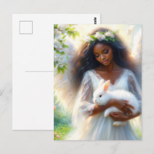 Postal Mujer ángel de piel oscura sosteniendo conejo bunn