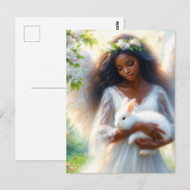 Postal Mujer ángel de piel oscura sosteniendo conejo bunn (Anverso / Reverso)