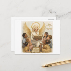Postal Mujer ángel rubia leyendo a niños