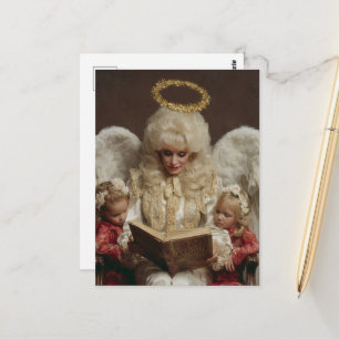 Postal Mujer ángel rubia leyendo a niños