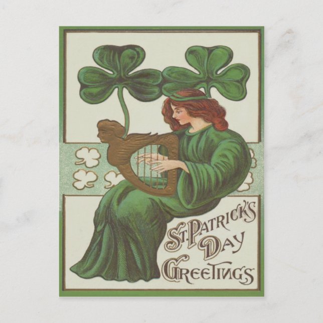 Postal Mujer Arpa de Erin Shamrock (Anverso)