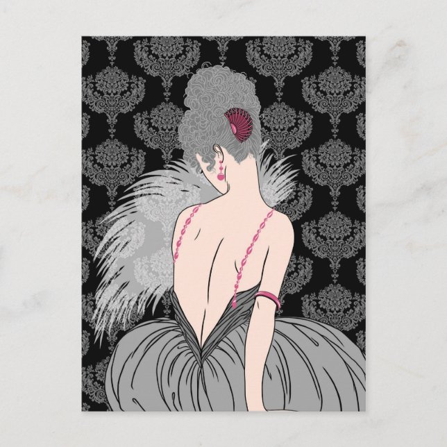 Postal Mujer Art Deco con Damask - BIANCA: Winter Grays (Anverso)