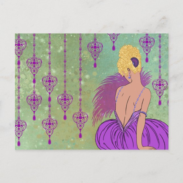 Postal Mujer Art Deco con joyas - BIANCA: Lilac de primav (Anverso)
