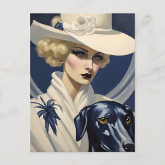 Postal Mujer Art Deco en blanco con perro negro, era Gats