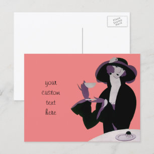 Postal Mujer Art Decó, té por la tarde y tarta