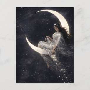 Postal Mujer Art Nouveau Celestial en Luna Creciente
