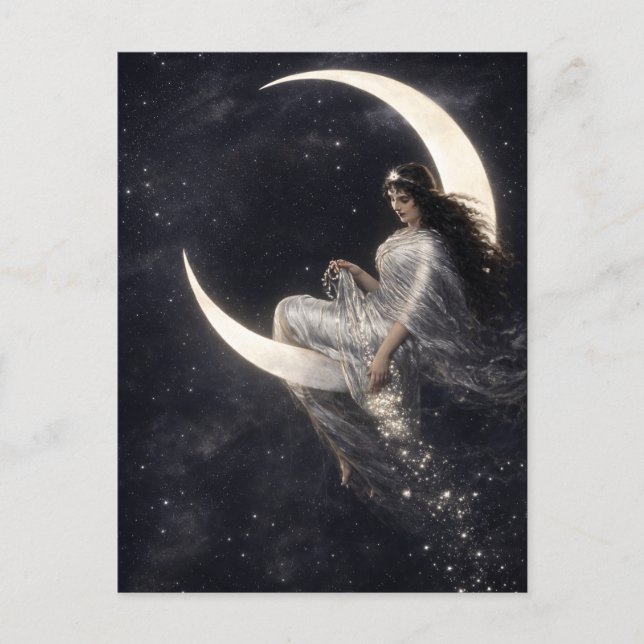 Postal Mujer Art Nouveau Celestial en Luna Creciente (Anverso)