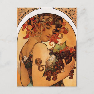 Postal Mujer Art Nouveau de época con fruta
