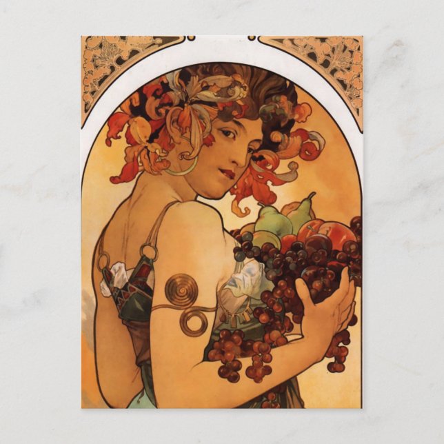 Postal Mujer Art Nouveau de época con fruta (Anverso)