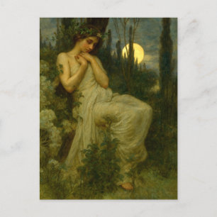 Postal Mujer Art Nouveau en jardín bajo una luna de junio