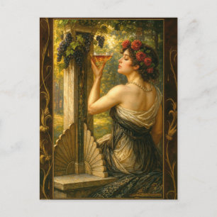 Postal Mujer Art Nouveau en viñedo con vino