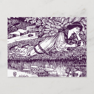 Postal Mujer Art Nouveau leyendo junto a un estanque de l
