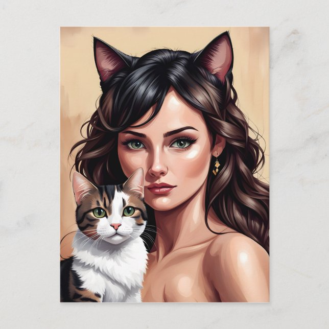 Postal Mujer artística con gato (Anverso)