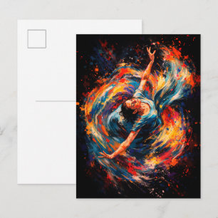 Postal Mujer Bailando Dinámica Remolino de Colores Abstra