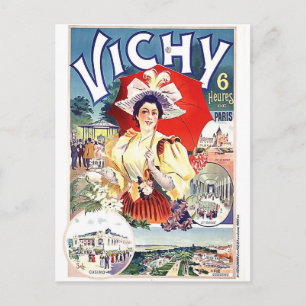 Postal Mujer bebe agua del balneario de Vichy, Francia
