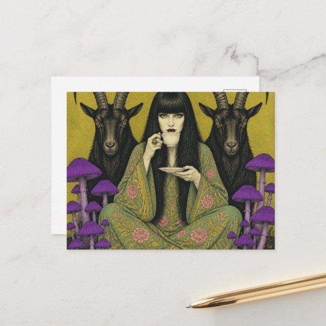 Postal Mujer Bebe Té Con Dos Cabras Negras (Anverso/Reverso In Situ)