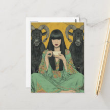 Mujer bebe té con dos cabras negras