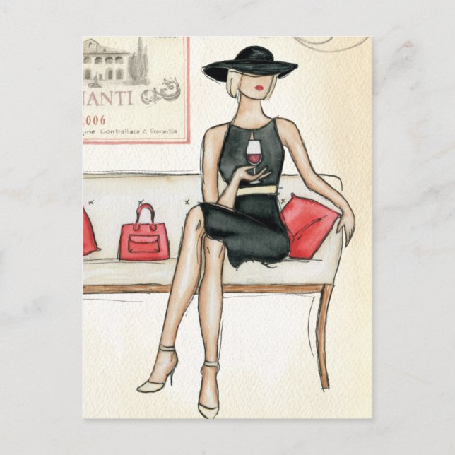 Postal Mujer bebiendo vino rojo (Anverso)