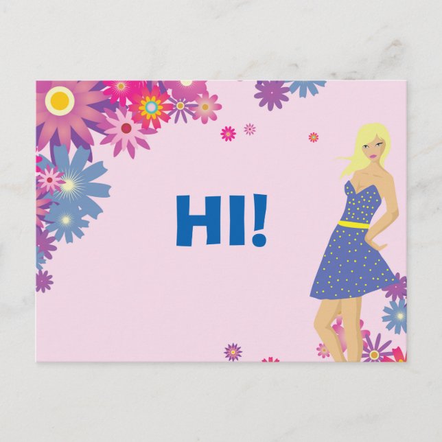 POSTAL MUJER BLONDE CON VESTIDO AZUL HI (Anverso)