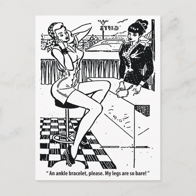 Postal Mujer bonito en la tienda, humor, cosecha (Anverso)