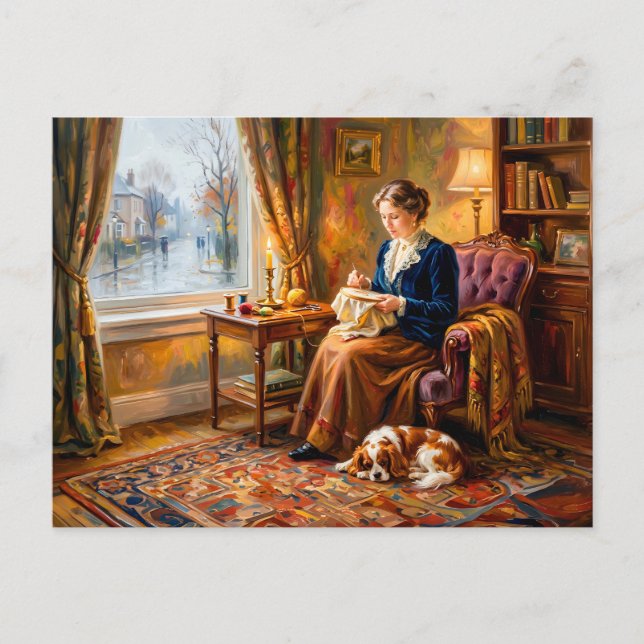 Postal Mujer bordando junto a la ventana con Cavalier Spa (Anverso)
