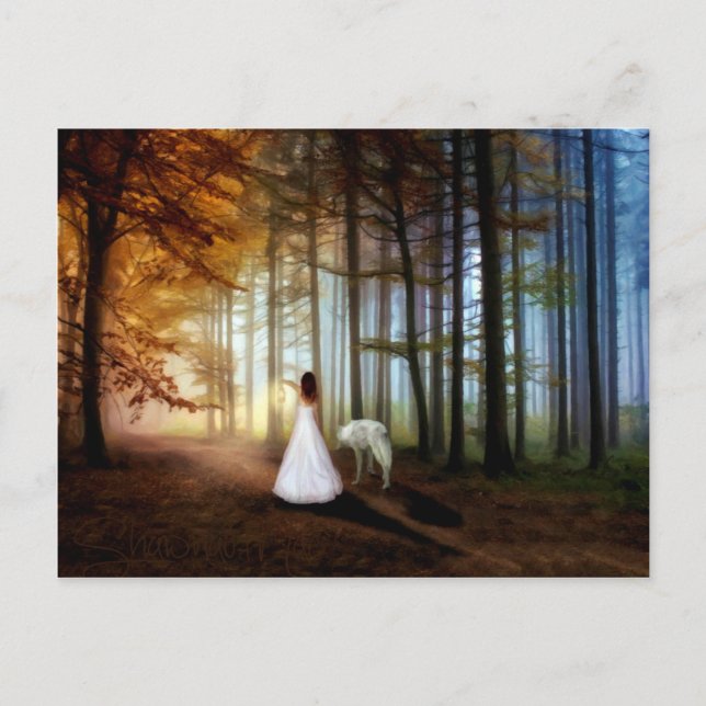 Postal Mujer caminando con un lobo (Anverso)